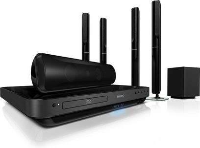 Philips HTS7520 sort hjemmebiografsystem med Blu-ray-afspiller, 5 vertikale højttalere og basreflekskabinet, set forfra
