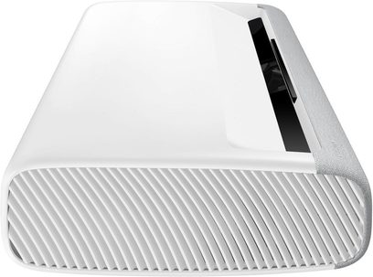 Projektor Samsung The Premiere SP-LSP9TFA bílý, pohled shora v perspektivě, přední strana s mřížkou reproduktoru