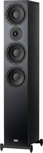 Sloupový reproduktor Heco AURORA XT 700 v tmavém dubu, pohled zepředu a mírně zešikma, 4 černé kruhové reproduktory, obdélníkový podstavec