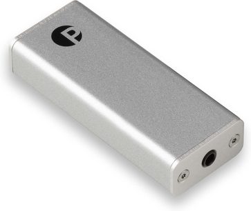 Convertitore audio portatile DAC Box E mobile argento, corpo rettangolare in metallo, vista prospettica, connettore audio frontale