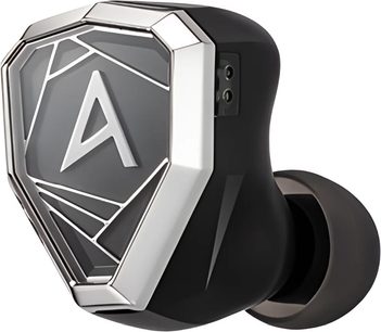 Černo-stříbrné intraaurální sluchátko Astell&Kern STELLA, fazetovaná skořepina s velkým reliéfním písmenem A, pohled z boku