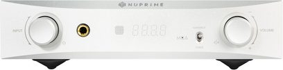 Nuprime DAC-9X sølv audio DAC-konverter, mat sølvfarvet front, hvidt digitalt display, sorte drejeknapper