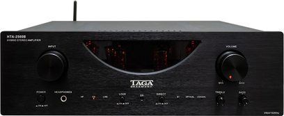 Taga Harmony HTA-1200B sort hi-fi stereoforstærker set forfra, front med knapper og røde indikatorlamper