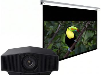 Černý videoprojektor s motorizovaným projekčním plátnem zobrazujícím barevného tukana na bílém pozadí