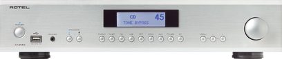 Rotel A14 MKII Stereo-Hi-Fi-Verstärker in Silber, Frontansicht, LCD-Display, Einstellknöpfe und -regler, Kopfhörer- und USB-Anschlüsse