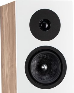 Vloerstaande luidspreker Davis Acoustics Krypton 9 Nordik wit, gedeeltelijke hoekweergave, witte voorzijde, ronde zwarte tweeter, zwart getextureerde midden- en laagfrequentie luidspreker, zijkant van licht hout