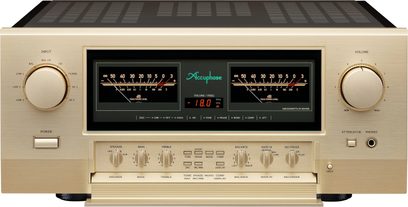 Integreret stereo hi-fi forstærker E-5000, set forfra, rektangulært kabinet, cirkulære knapper, centralt display med indikatorer