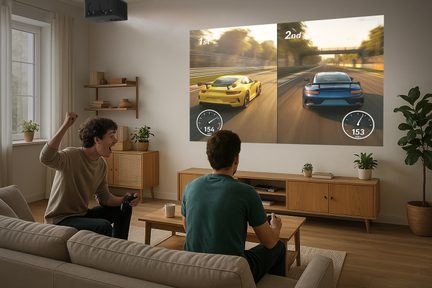 Salone beige, divano in tessuto, due persone di spalle con controller, gioco di corse proiettato sul muro, proiettore nero sul soffitto