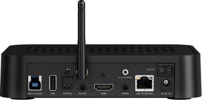 Zappiti Player Mini netværksaudioafspiller, set forfra, rektangulært sort kabinet med USB-, HDMI-, netværks- og optiske stik
