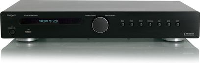 Tangent NET 200 tuner, sort, set forfra med LCD-skærm, knapper og kontrolhjul på frontpanelet