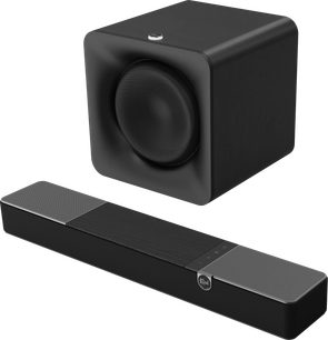 Černý soundbar Klipsch Flexus Core 100 s basovým subwooferem Sub 100 cube v moderním designu