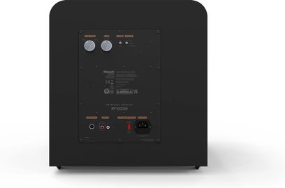 Subwoofer Klipsch RP-1000SW negru, vedere frontală, cu difuzor, butoane de control, conectori și logo vizibile