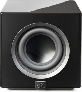 MartinLogan Abyss 8 subwoofer i sort højglans med frontpanel og cirkulær højttaler indrammet af en sølvring