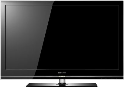 46 tommer sort Samsung LE46B750 fladskærms-TV, set forfra, slukket, på metalstativ