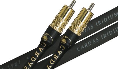 Analogový RCA audio kabel Cardas Iridium 1 m, pozlacené RCA konektory, černý plášť, detailní pohled na oba konce