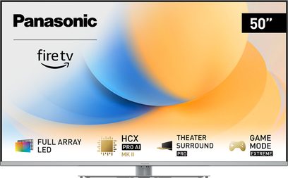 Panasonic højdefinitions-tv TV-50W93AE6, fladskærm, set forfra, sort ramme, Panasonic-logo øverst til venstre