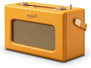 Radio Roberts Revival iStream 3L en cuero granulado amarillo, vista de tres cuartos frontal, rejilla de altavoz metálica dorada, dos botones superiores beige, antena telescópica y asa lateral con herraje dorado