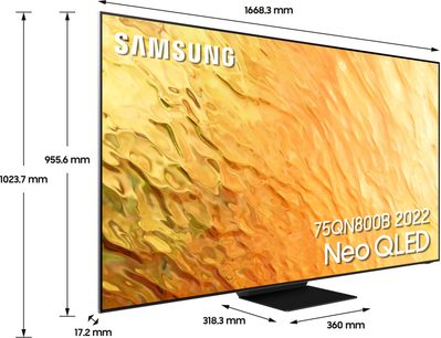 Samsung QE75QN800B 2022 Neo QLED-fladskærms-TV, rektangulær fladskærm, smal sort ramme, set forfra