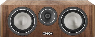 Cassa centrale Canton Townus 50 finitura noce, pannello frontale in legno con due woofer grigi e tweeter nero centrale