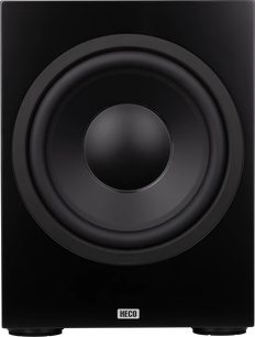 Cassa subwoofer Heco AURORA XT Sub 30A nera, vista frontale, altoparlante circolare centrale, logo rettangolare in basso