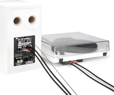 Cable de audio RCA estéreo Triangle RED negro trenzado con conectores rojos que conecta un tocadiscos y un altavoz blanco