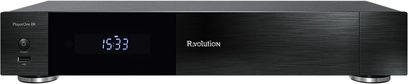 Lecteur multimédia R_volution Player One 8K noir, face avant avec affichage LED bleu "15:33", en vue de face