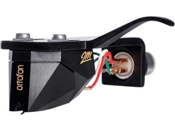 Ortofon 2M BRACK Premounted Cartridge Holder, side view, black body, colored connectors, silver screws, gold logo