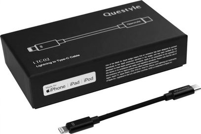 Kurzes schwarzes Questyle LTC-02 Lightning-auf-USB-C-Kabel mit Verpackung, kompatibel mit iPhone, iPad, iPod