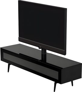 Meuble audio-vidéo Sonorous STA363 noir en métal et verre trempé, forme rectangulaire basse avec porte frontale vitrée, support central pour écran et quatre pieds inclinés, vue de trois-quarts avant