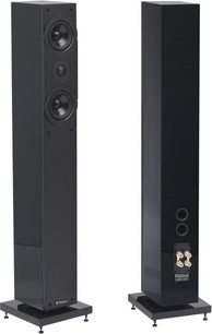Sorte højtalersøjler fra Highland Audio, Oran 4303-model, frontvisning, to runde højttalere på forsiden af hver højttaler