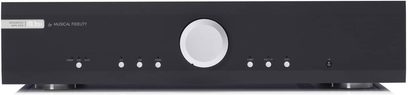 Musical Fidelity M3si sort stereo hi-fi forstærker med sølvfarvet cirkulær centerknap og 8 mindre runde knapper