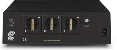 Conditionneur secteur TOT MINI noir avec 3 prises électriques européennes, 1 port USB, 1 interrupteur et 1 connecteur d'alimentation