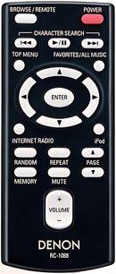Sort Denon RC-1068 fjernbetjening med runde hvide og røde knapper, LCD-skærm, set forfra