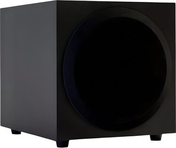 Cassa acustica Eltax SW800 nera, cabinet cubico probabilmente in composito, grande altoparlante circolare frontale, vista a 3/4
