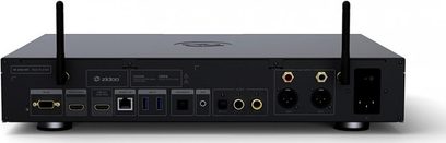 Zidoo UHD3000 sort multimedie-afspiller, set forfra, med audio/video-stik på bagsiden og LED-display på forsiden