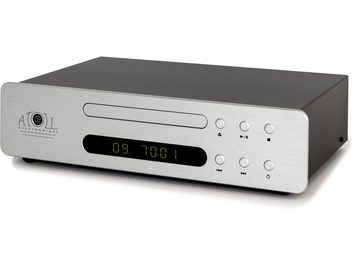 Atoll Electronique MD100 Evolution hopeanvärinen huippulaadukas CD-soitin, kolmen neljäsosan näkymä, etupaneeli pyöreillä painikkeilla ja digitaalinäytöllä