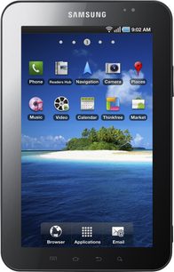 Samsung Galaxy Tab 7510 tablet med en startskærm, der viser applikationsikoner på en baggrund af en tropisk strand