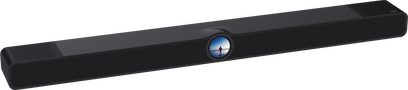 Soundbar WiiM Bar nera vista frontale, formato allungato con schermo rotondo centrale e griglie alle estremità