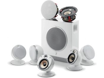 Focal Dôme Flax 5.1.2 white compact speaker pack, 4 satellite speakers, 1 center speaker, 1 subwoofer with exposed driver