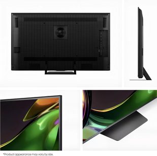 Černý plochý televizor Hisense 85UR8S s tenkými rámečky, pohledy zezadu, z profilu a se středovým stojanem