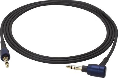 Sort lydkabel med 3,5 mm jackstik og vinklet stik, flettet kappe, cirka 1,2 meter lang