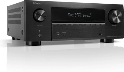 Denon AVC-X3800H schwarzer Heimkino-Verstärker, Frontansicht, Display "IMAX DTS:X 8-ray", Tasten und Anschlüsse an der Vorderseite