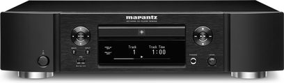 Marantz ND8006 sort netværksaudioafspiller, frontvisning, digitalt display, kontrolknapper og -hjul, frontporte og -stik