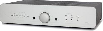 Atoll IN50 Signature silver stereo hi-fi amplifier, front panel with buttons and headphone jack, sleek design