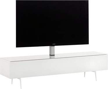 Meuble audio-vidéo Sonorous STA363 blanc laqué, vue de face, caisson rectangulaire bas sur quatre pieds métalliques fins avec plateau lisse et colonne arrière intégrée supportant un écran
