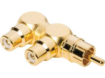 Drei zylindrische, goldbeschichtete RCA-Stecker, die durch eine gemeinsame goldene Basis miteinander verbunden sind