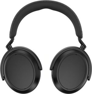 Sennheiser Momentum 4 Wireless sort omkringørende hovedtelefoner, set forfra, hovedbøjle og ørepuder i mørkt gråt stof