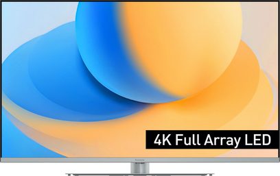 TV-43W93AE6 Panasonic, fladskærm, set forfra, tynd ramme, abstrakt blå og orange grafisk visning, tekst "4K Full Array LED"