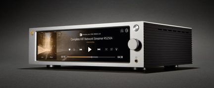 Silver aluminum Hi-Fi streamer, color display, volume knob and headphone jack on the front, black sides, three-quarter view