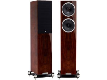 Boxe de podea Fyne Audio F501SP în culoarea nuc lăcuit, vedere frontală, cu difuzoare circulare negre și tweeter în formă de cupolă în partea superioară, montate pe picioare metalice